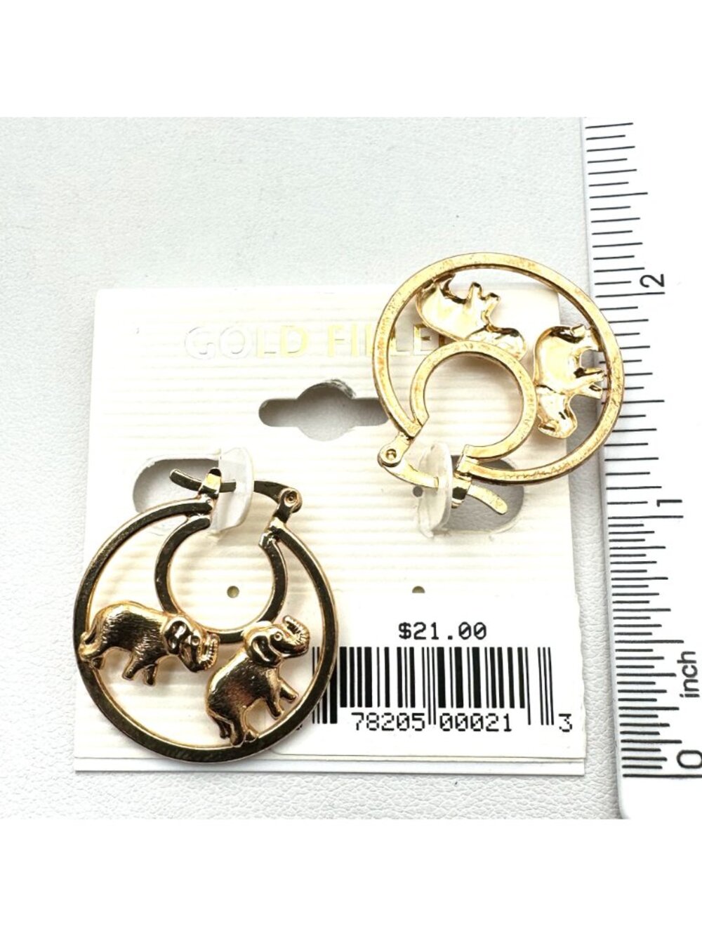 Elephant Earrings Yellow Gold Filled Hoops Pierced Chandelier Original Card NOS - Picture 3 of 3